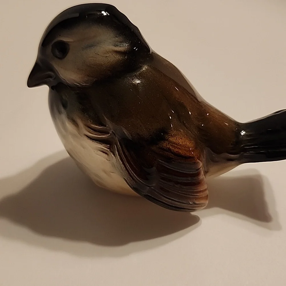 Goebel Ceramic Glazed Sparrow Or Chickadee Figurine in Blue, Brown, Cream, Black